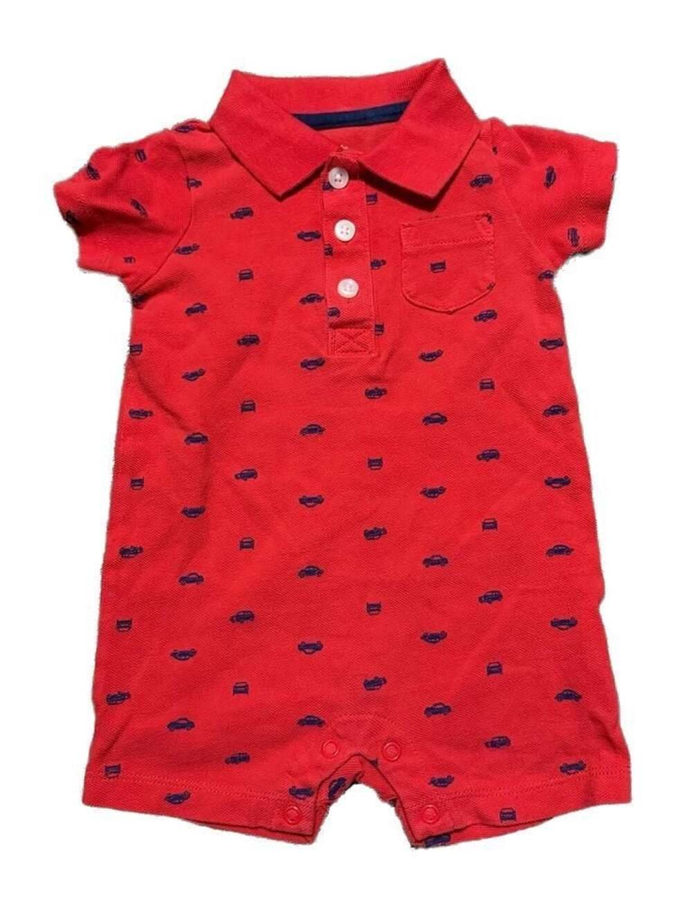 Carter's Baby Boy 6M Red Polo Romper with Blue Car Pattern